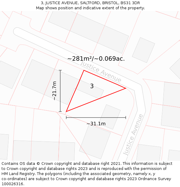 3, JUSTICE AVENUE, SALTFORD, BRISTOL, BS31 3DR: Plot and title map