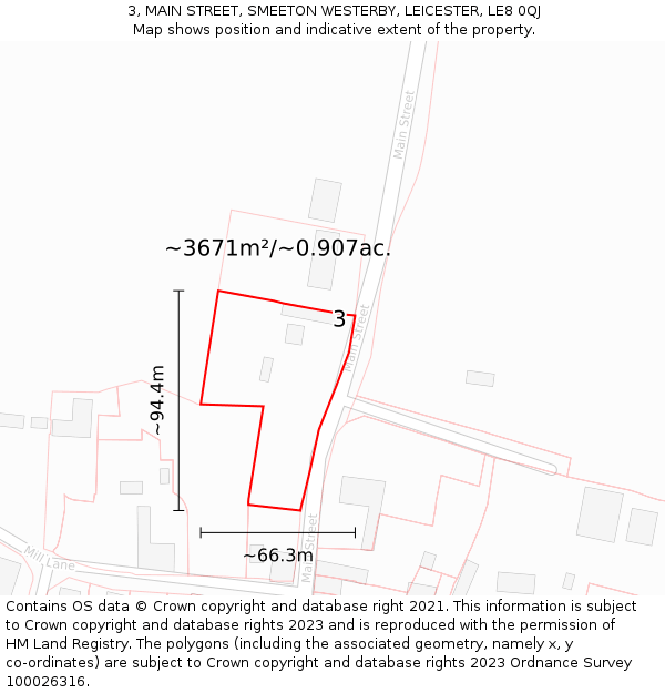 3, MAIN STREET, SMEETON WESTERBY, LEICESTER, LE8 0QJ: Plot and title map