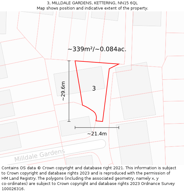 3, MILLDALE GARDENS, KETTERING, NN15 6QL: Plot and title map