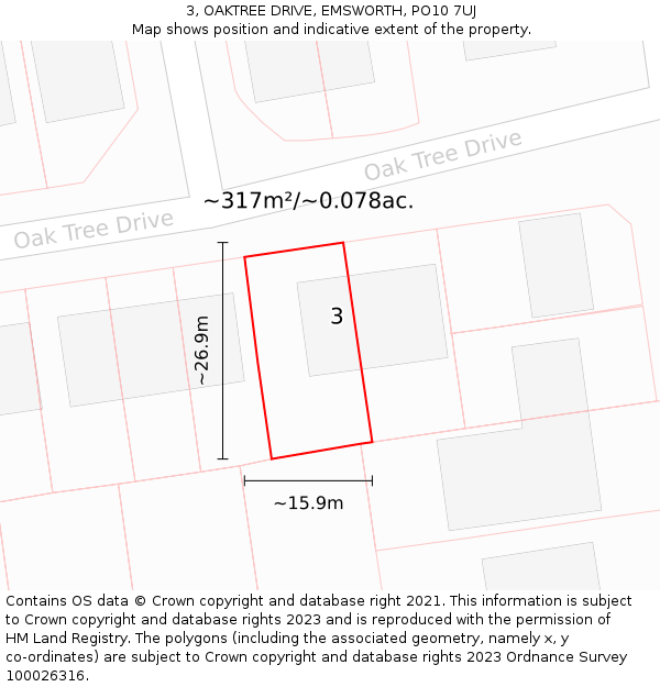 3, OAKTREE DRIVE, EMSWORTH, PO10 7UJ: Plot and title map