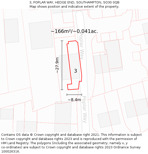 3, POPLAR WAY, HEDGE END, SOUTHAMPTON, SO30 0QB: Plot and title map