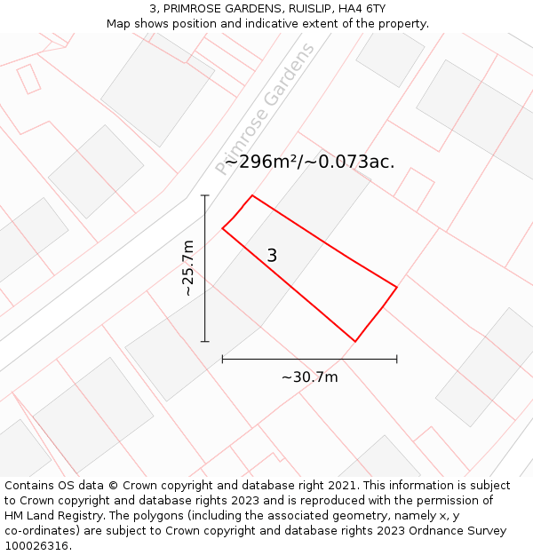 3, PRIMROSE GARDENS, RUISLIP, HA4 6TY: Plot and title map