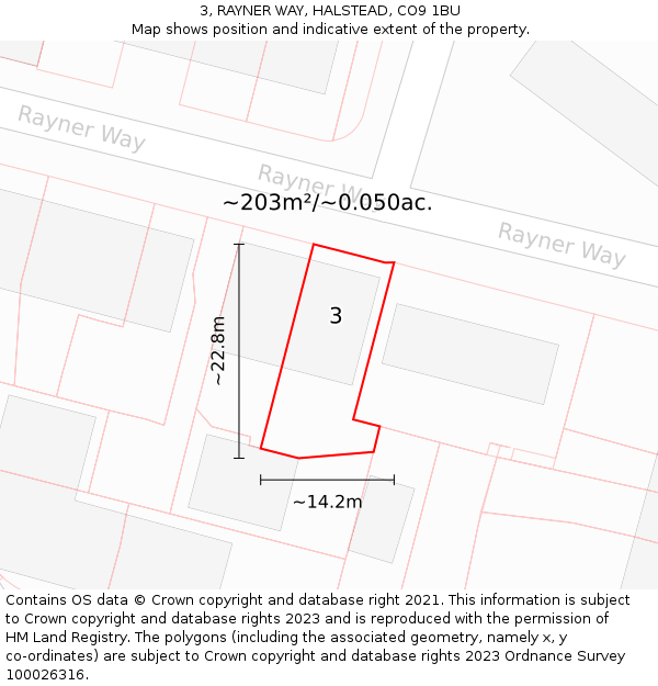 3, RAYNER WAY, HALSTEAD, CO9 1BU: Plot and title map