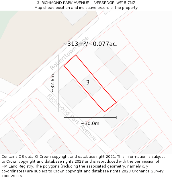 3, RICHMOND PARK AVENUE, LIVERSEDGE, WF15 7NZ: Plot and title map