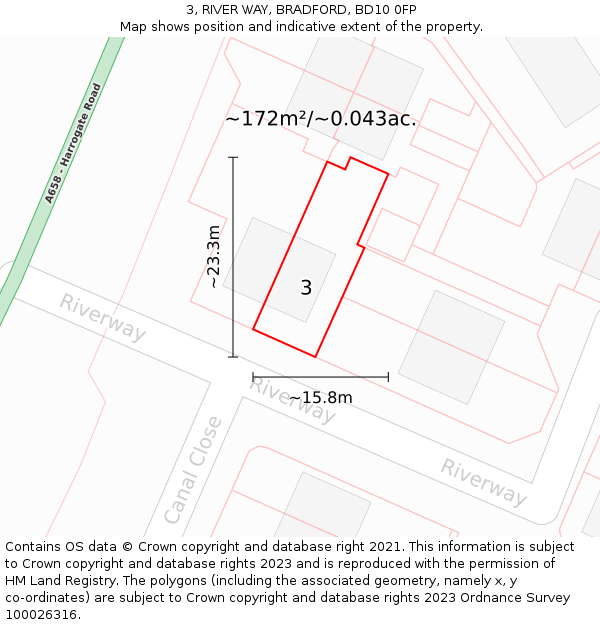 3, RIVER WAY, BRADFORD, BD10 0FP: Plot and title map