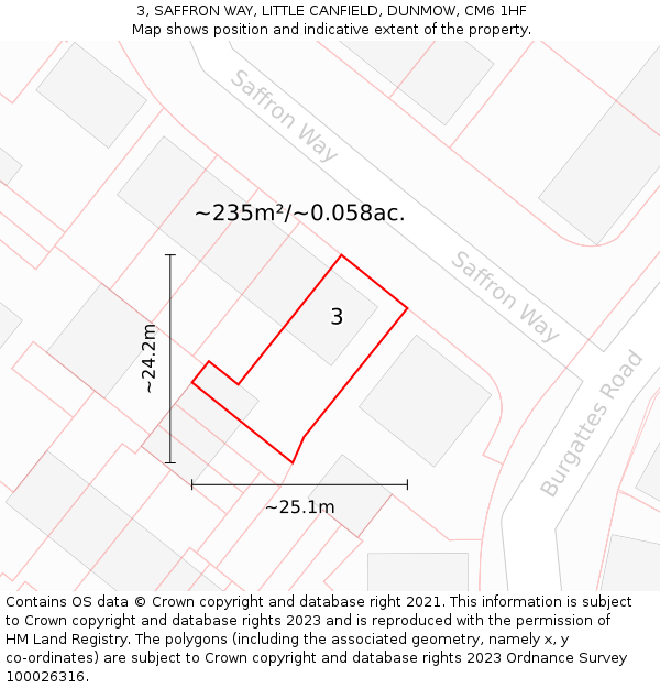 3, SAFFRON WAY, LITTLE CANFIELD, DUNMOW, CM6 1HF: Plot and title map