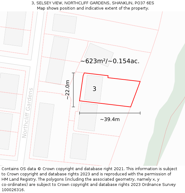 3, SELSEY VIEW, NORTHCLIFF GARDENS, SHANKLIN, PO37 6ES: Plot and title map