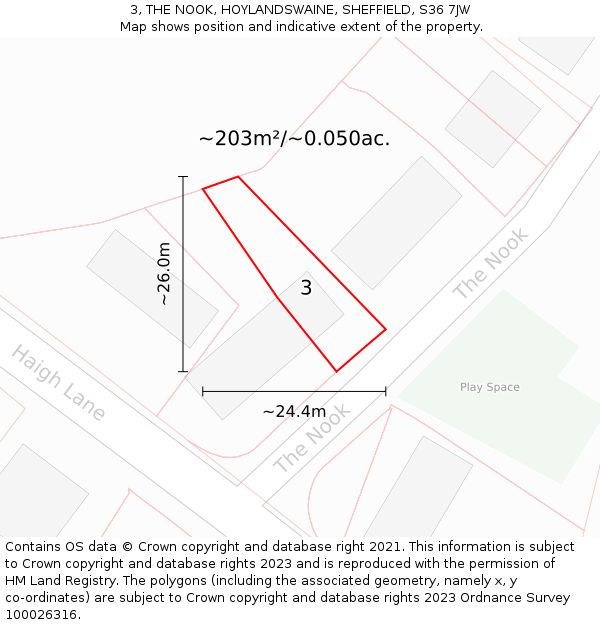 3, THE NOOK, HOYLANDSWAINE, SHEFFIELD, S36 7JW: Plot and title map