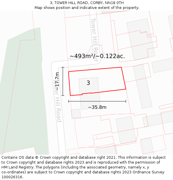 3, TOWER HILL ROAD, CORBY, NN18 0TH: Plot and title map