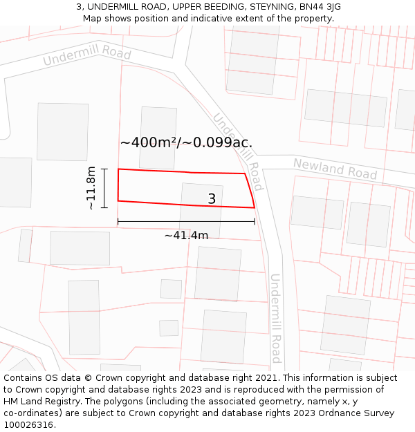 3, UNDERMILL ROAD, UPPER BEEDING, STEYNING, BN44 3JG: Plot and title map