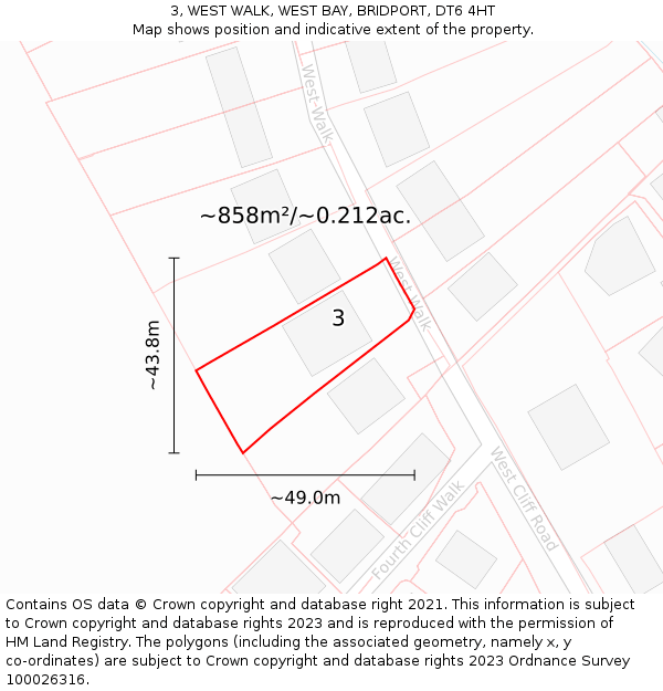 3, WEST WALK, WEST BAY, BRIDPORT, DT6 4HT: Plot and title map