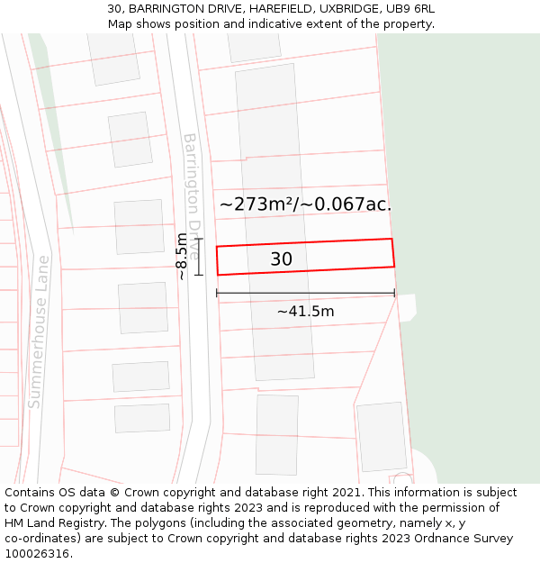 30, BARRINGTON DRIVE, HAREFIELD, UXBRIDGE, UB9 6RL: Plot and title map
