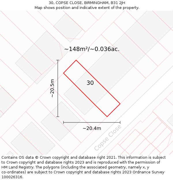 30, COPSE CLOSE, BIRMINGHAM, B31 2JH: Plot and title map