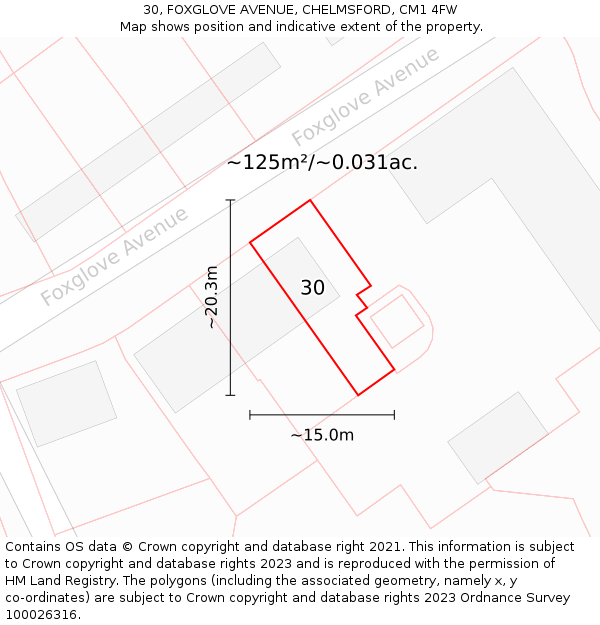 30, FOXGLOVE AVENUE, CHELMSFORD, CM1 4FW: Plot and title map