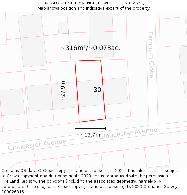 30, GLOUCESTER AVENUE, LOWESTOFT, NR32 4SQ: Plot and title map