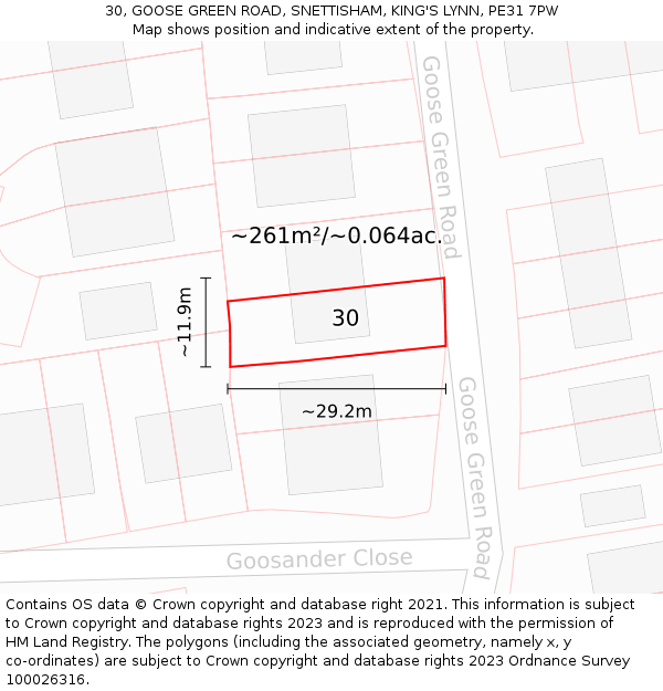 30, GOOSE GREEN ROAD, SNETTISHAM, KING'S LYNN, PE31 7PW: Plot and title map