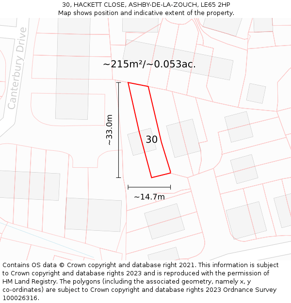 30, HACKETT CLOSE, ASHBY-DE-LA-ZOUCH, LE65 2HP: Plot and title map
