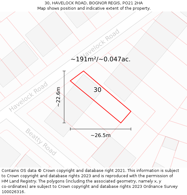 30, HAVELOCK ROAD, BOGNOR REGIS, PO21 2HA: Plot and title map