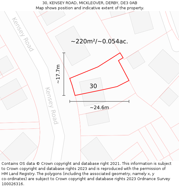 30, KENSEY ROAD, MICKLEOVER, DERBY, DE3 0AB: Plot and title map