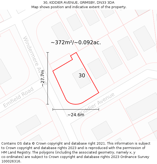 30, KIDDIER AVENUE, GRIMSBY, DN33 3DA: Plot and title map