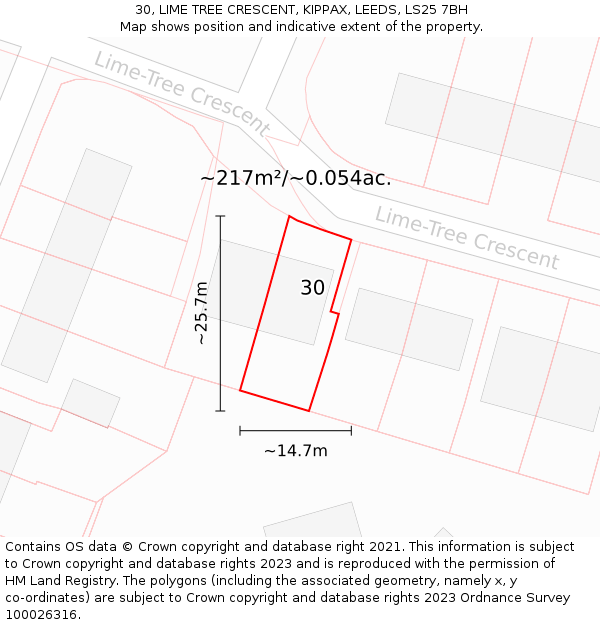 30, LIME TREE CRESCENT, KIPPAX, LEEDS, LS25 7BH: Plot and title map