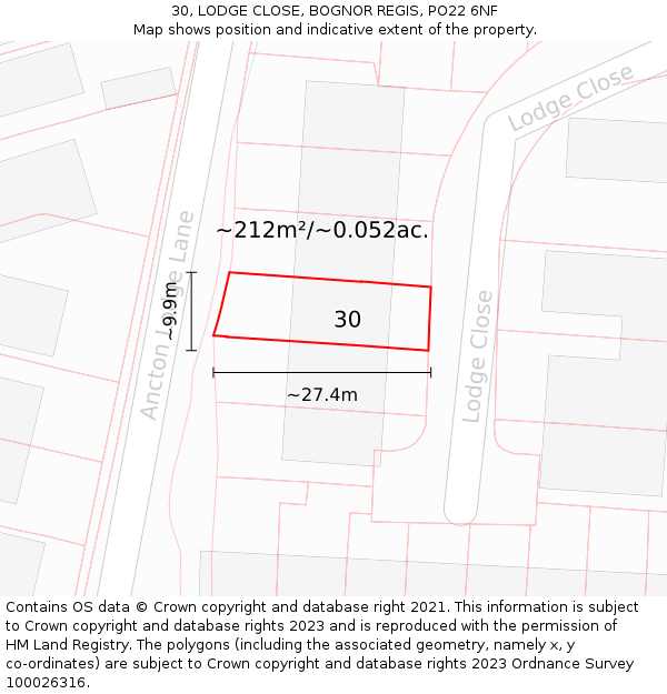 30, LODGE CLOSE, BOGNOR REGIS, PO22 6NF: Plot and title map