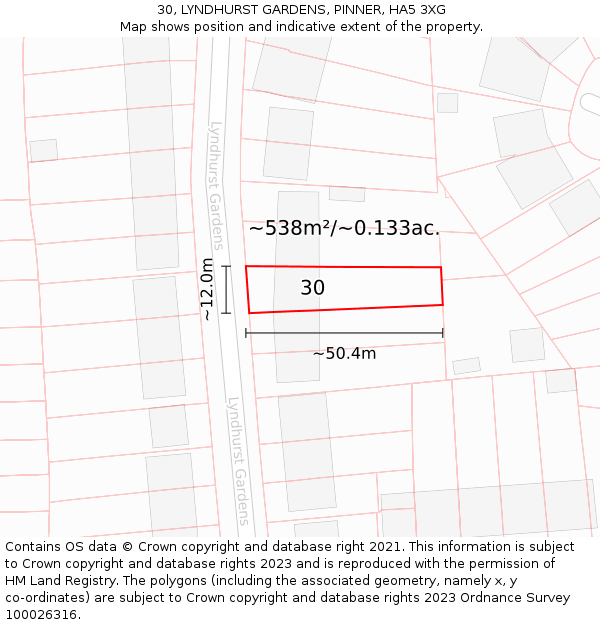 30, LYNDHURST GARDENS, PINNER, HA5 3XG: Plot and title map