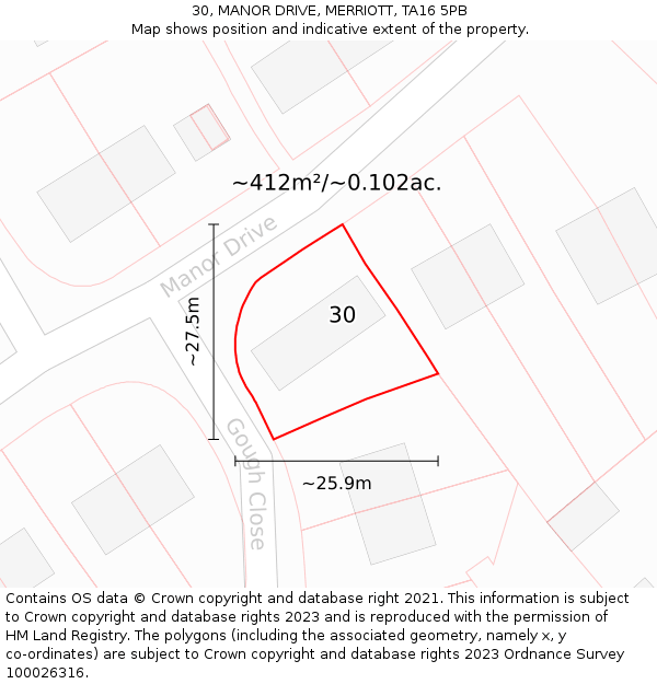 30, MANOR DRIVE, MERRIOTT, TA16 5PB: Plot and title map