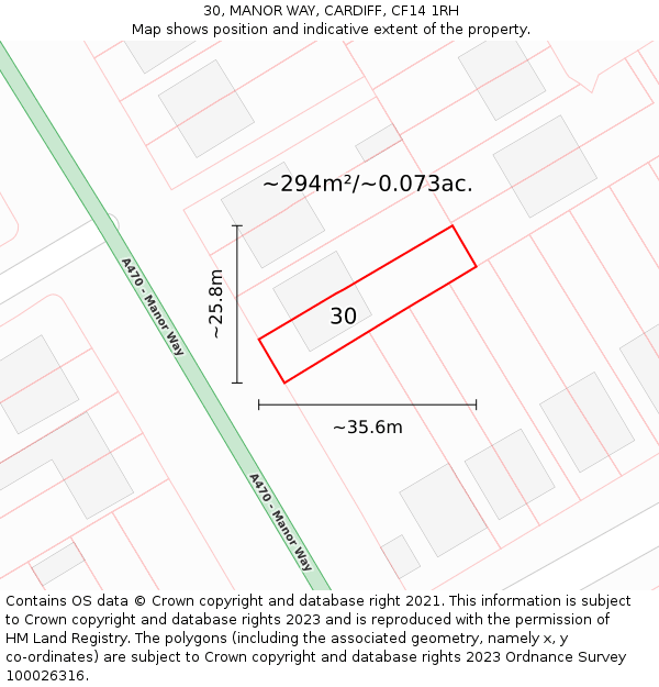 30, MANOR WAY, CARDIFF, CF14 1RH: Plot and title map