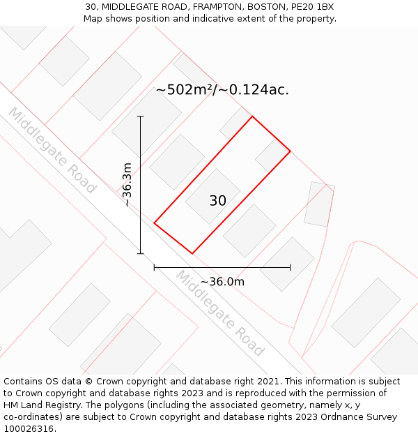 30, MIDDLEGATE ROAD, FRAMPTON, BOSTON, PE20 1BX: Plot and title map