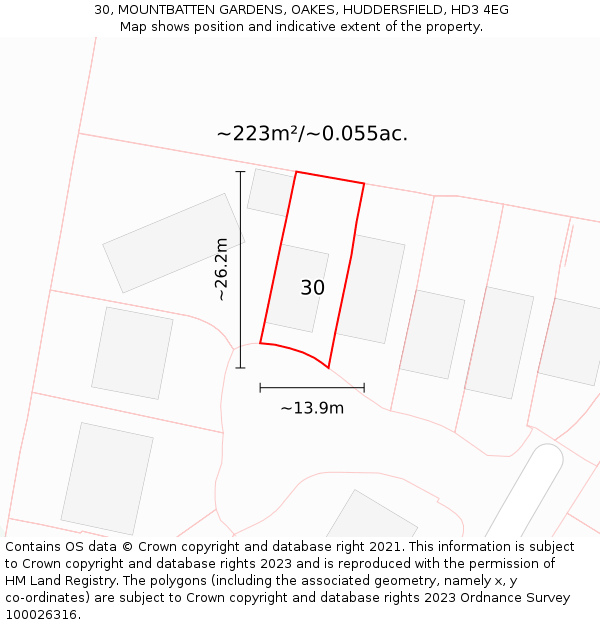 30, MOUNTBATTEN GARDENS, OAKES, HUDDERSFIELD, HD3 4EG: Plot and title map