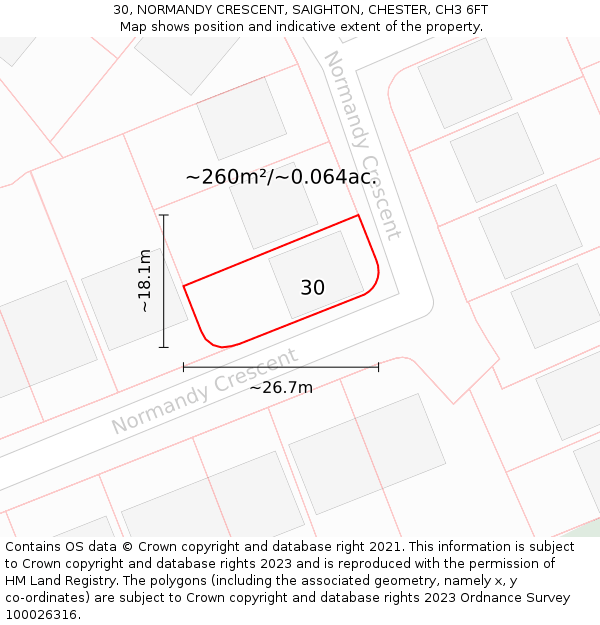 30, NORMANDY CRESCENT, SAIGHTON, CHESTER, CH3 6FT: Plot and title map