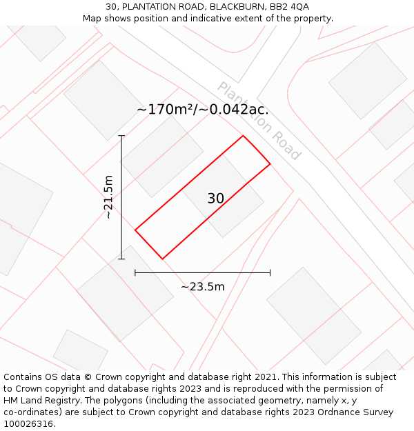 30, PLANTATION ROAD, BLACKBURN, BB2 4QA: Plot and title map