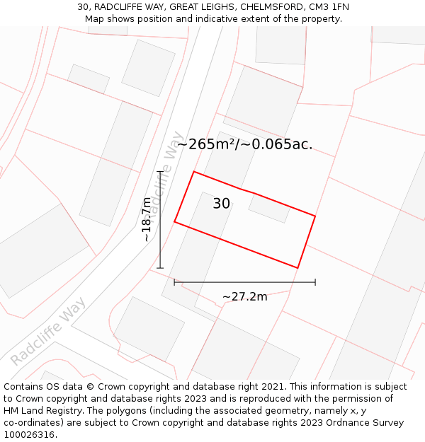 30, RADCLIFFE WAY, GREAT LEIGHS, CHELMSFORD, CM3 1FN: Plot and title map