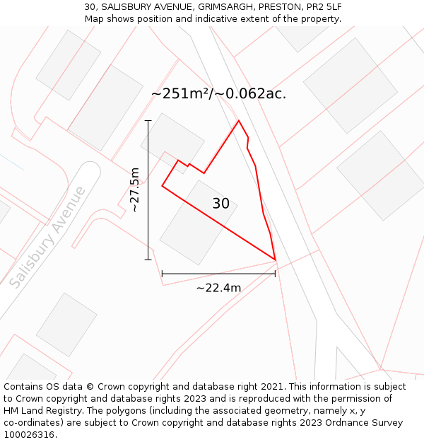 30, SALISBURY AVENUE, GRIMSARGH, PRESTON, PR2 5LF: Plot and title map
