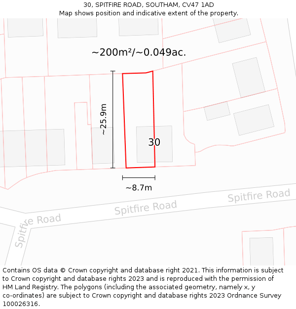 30, SPITFIRE ROAD, SOUTHAM, CV47 1AD: Plot and title map