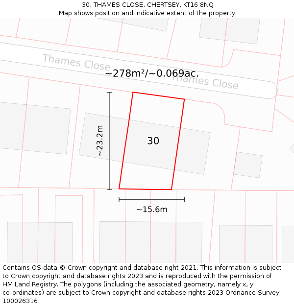 30, THAMES CLOSE, CHERTSEY, KT16 8NQ: Plot and title map