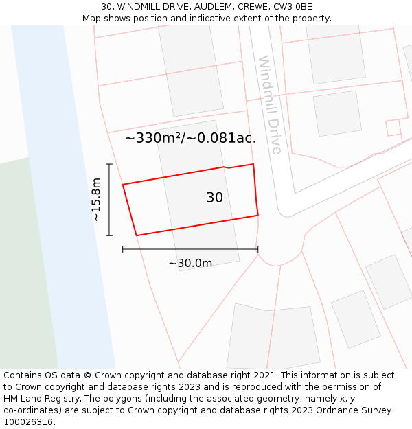 30, WINDMILL DRIVE, AUDLEM, CREWE, CW3 0BE: Plot and title map