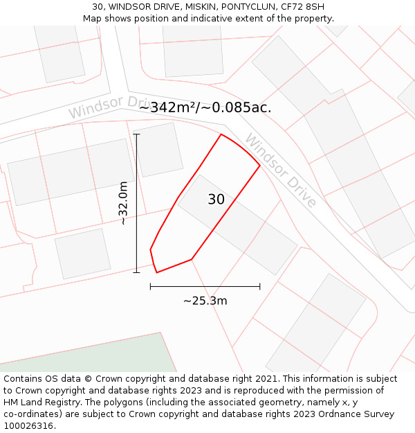 30, WINDSOR DRIVE, MISKIN, PONTYCLUN, CF72 8SH: Plot and title map