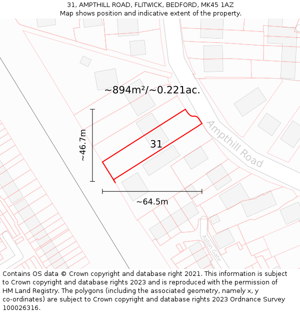 31, AMPTHILL ROAD, FLITWICK, BEDFORD, MK45 1AZ: Plot and title map