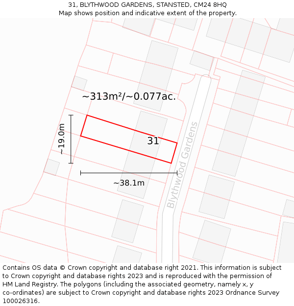 31, BLYTHWOOD GARDENS, STANSTED, CM24 8HQ: Plot and title map