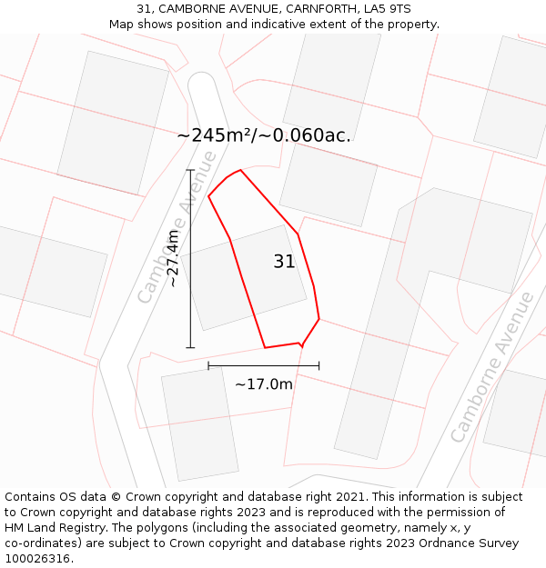 31, CAMBORNE AVENUE, CARNFORTH, LA5 9TS: Plot and title map