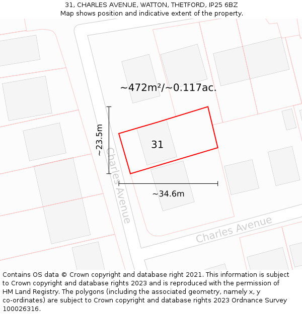 31, CHARLES AVENUE, WATTON, THETFORD, IP25 6BZ: Plot and title map