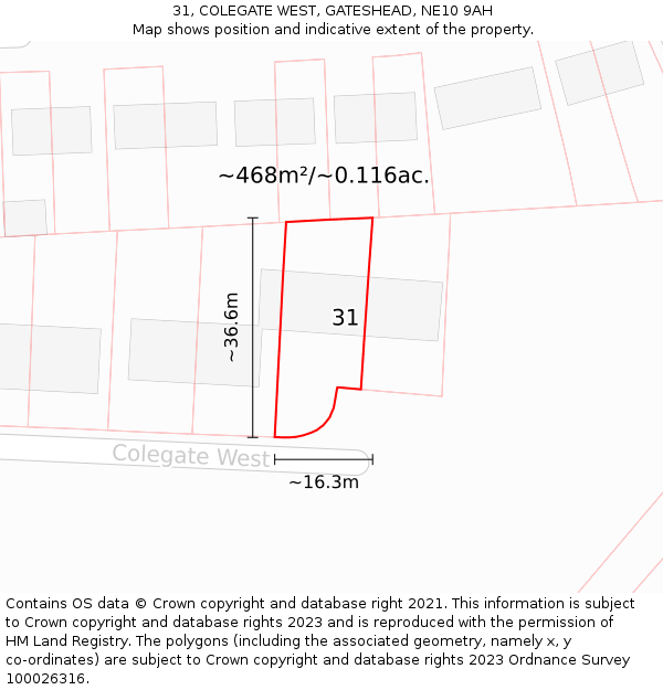31, COLEGATE WEST, GATESHEAD, NE10 9AH: Plot and title map