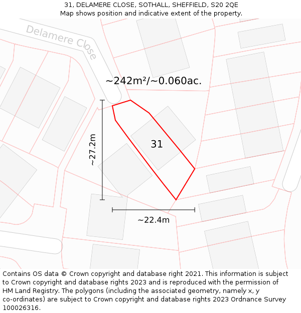 31, DELAMERE CLOSE, SOTHALL, SHEFFIELD, S20 2QE: Plot and title map
