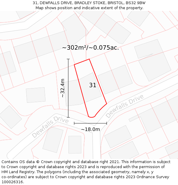 31, DEWFALLS DRIVE, BRADLEY STOKE, BRISTOL, BS32 9BW: Plot and title map