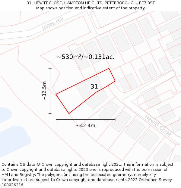 31, HEWITT CLOSE, HAMPTON HEIGHTS, PETERBOROUGH, PE7 8ST: Plot and title map