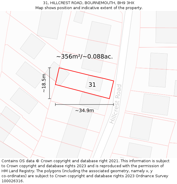 31, HILLCREST ROAD, BOURNEMOUTH, BH9 3HX: Plot and title map