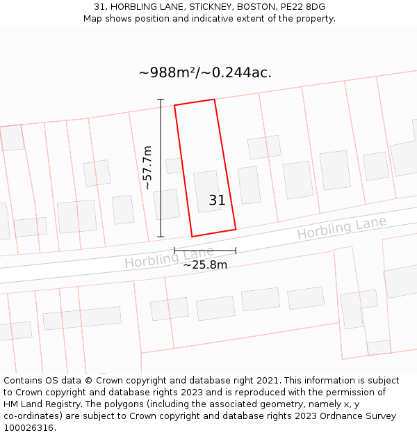 31, HORBLING LANE, STICKNEY, BOSTON, PE22 8DG: Plot and title map