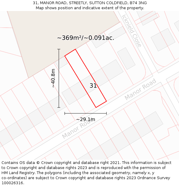 31, MANOR ROAD, STREETLY, SUTTON COLDFIELD, B74 3NG: Plot and title map